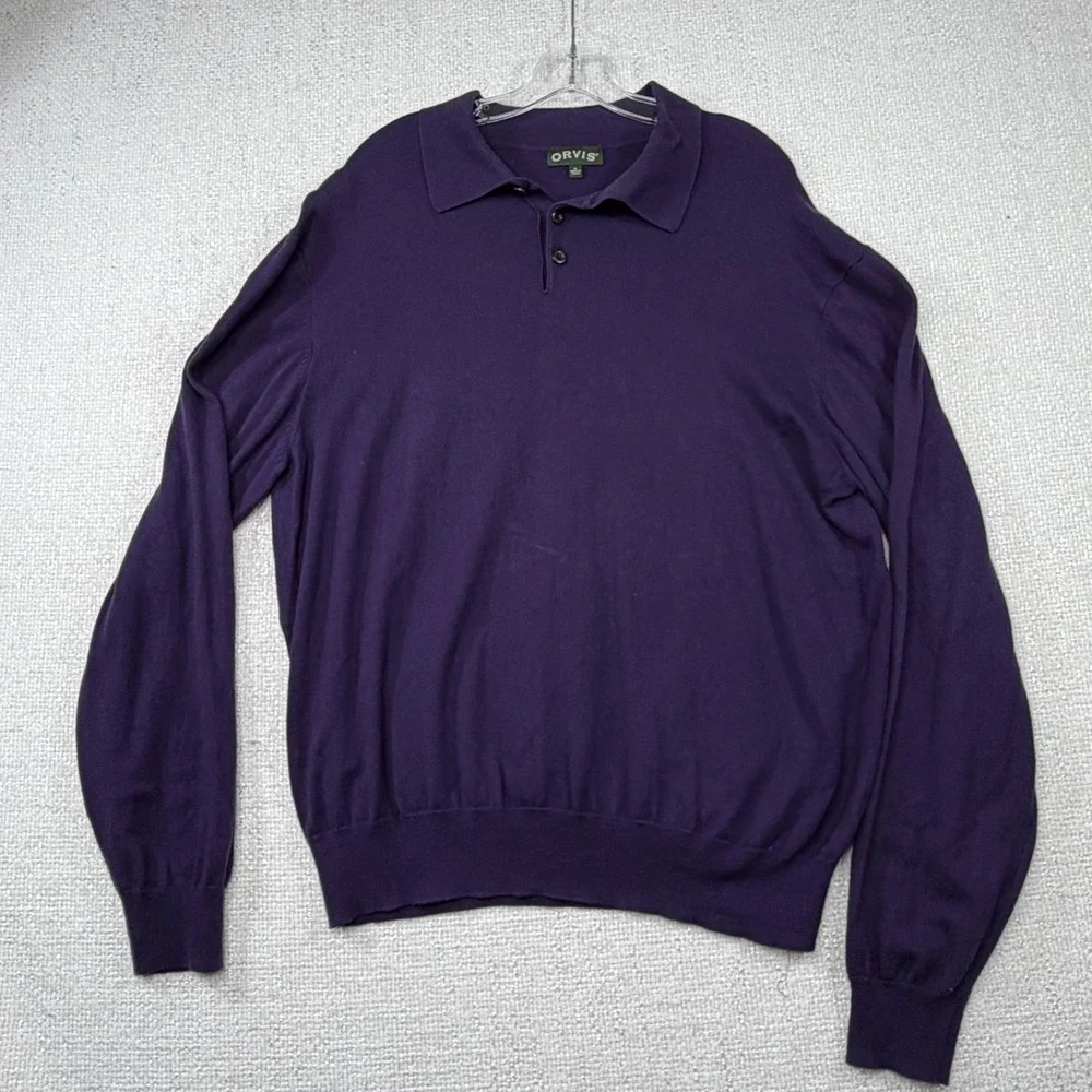 Orvis Mens Purple Long Sleeve Polo Sweater XL Fine Knit Collared Button Up